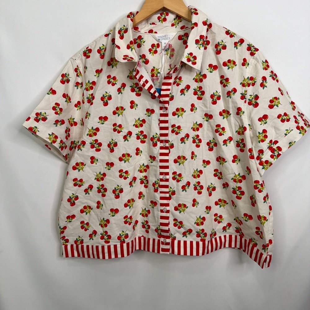 Market & Spruce Court Boxy Crop Cotton Shirt White Red Cherry Print XXL NWT - Picture 7 of 8